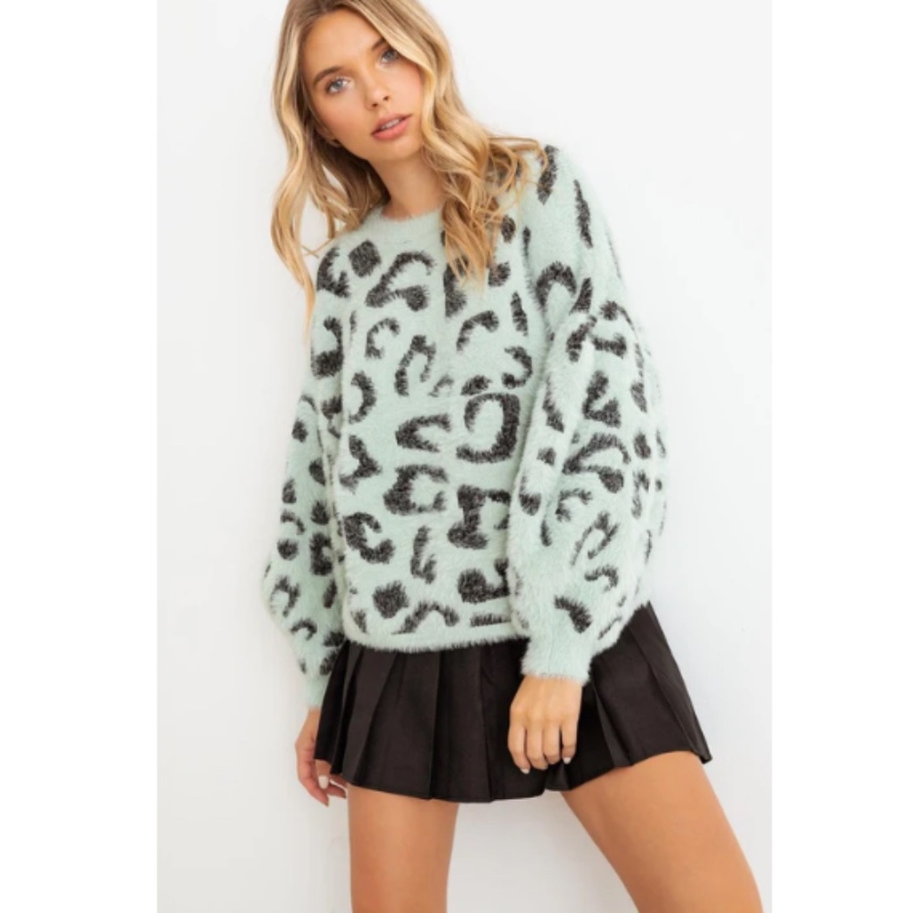 Cherish Mint Animal Print Fuzzy Knit Sweater